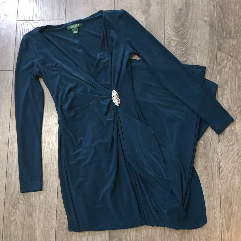 💃 RALPH LAUREN alpine blue green Evening wrap style Dress & Embellishment Brooch